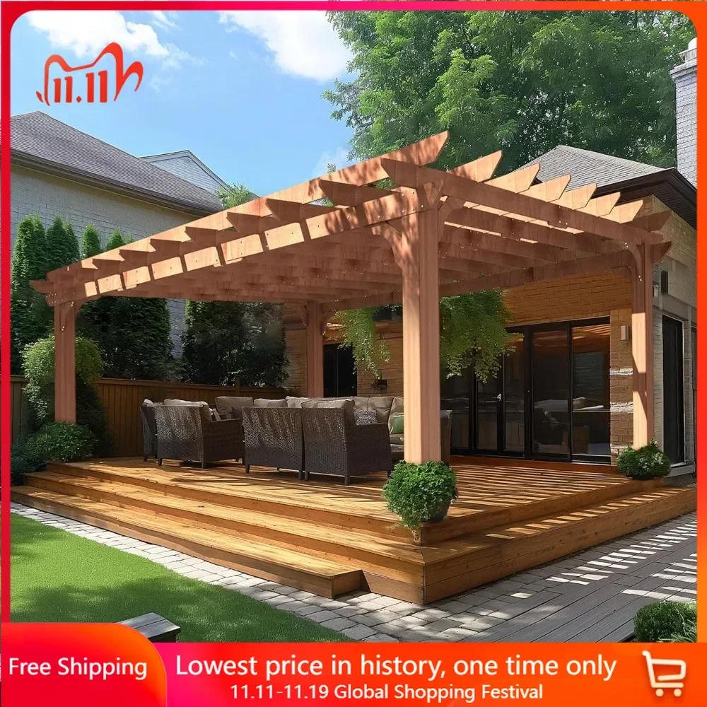 12 X16 FT Pergola, Cedar Wood Gazebo with Flat Roof, Outdoor Garden Shelter with Stakes Included, Patio, Deck, Backyard