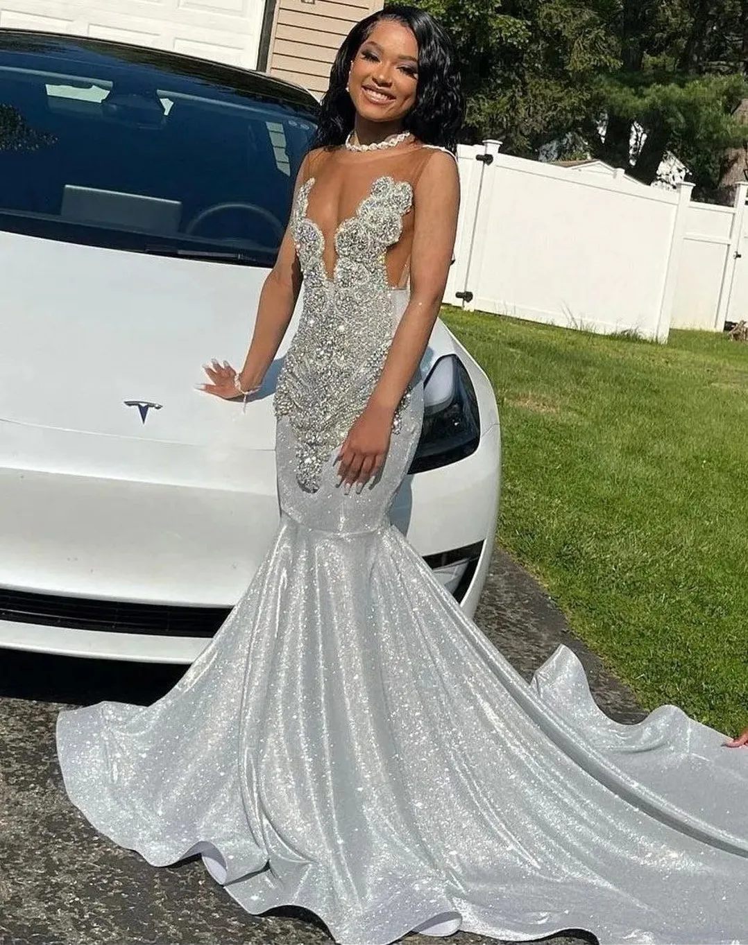 Silver Grey Mermaid Prom Dresses with Beads Crystals Sexy Strapless Sleeveless Formal Evening Gowns Y883