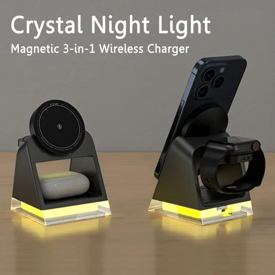 3 in 1 LED Light Magnetic Wireless Charger for iPhone 17 16 15 14 13 12 Pro Max Apple Watch 8 Airprods Pro Fast Charging Station