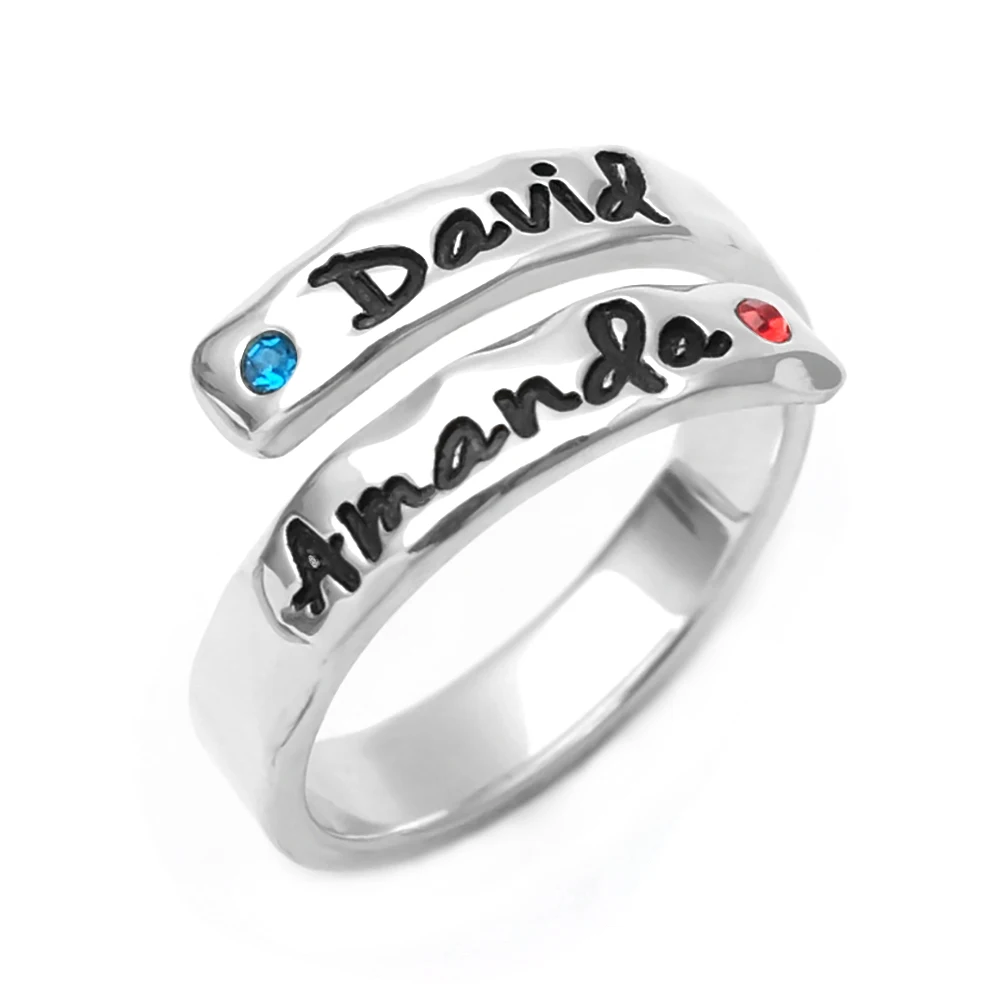 

Personalised Name and Birthstone Ring Custom Wrap Ring Hand Stamped Stacking Ring for Grandma Personalized Mother's Gift