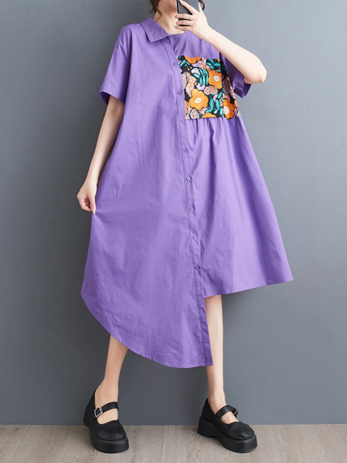 

Женская одежда в этническом стиле, Новинка лета 2024, свободное повседневное однобортное асимметричное платье-рубашка с коротким рукавом и принтом
