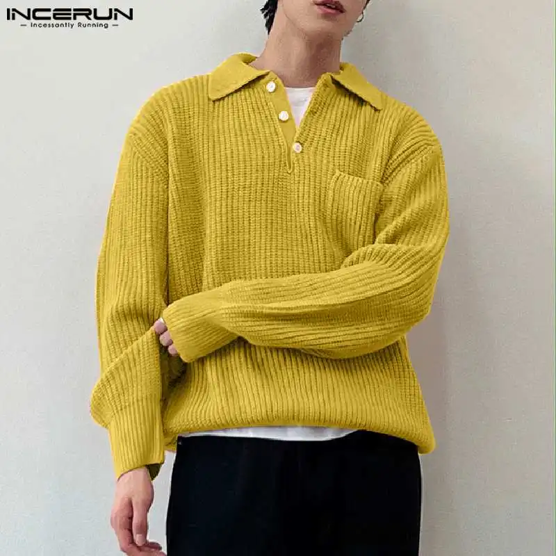 

INCERUN Tops 2023 Korean Style Handsome Men Knitted Pit Stripe Pullover Casual Simple Male Solid Comfortable Lapel Sweater S-5XL