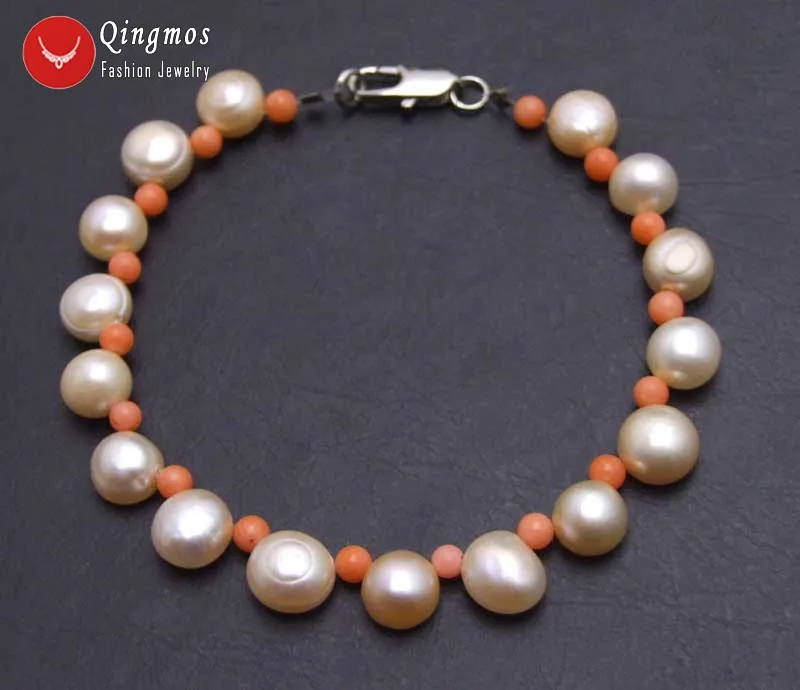 

Qingmos 7-8mm Flat Round Side Drilled Natural Freshwater Pink Pearl Bracelet for Women with 3-4mm Red Coral Bracelet 7.5''