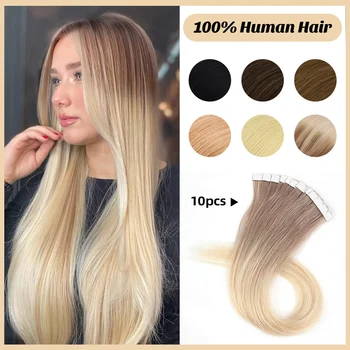Invisible Mini Tape in Hair Extensions Black Women 100% Natural Adhesive Human Hair Tape Ins Straight 12" -24" 10PCS
