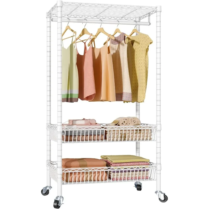 R2 Rolling Garment Rack Heavy Duty Clothes Rack for Hanging Clothes Adjustable Wire Clothing Rack with Hanging Rack,