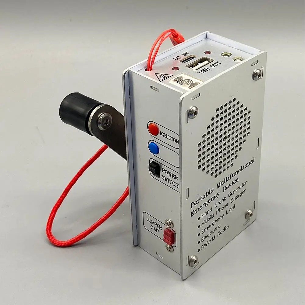 Generador de manivela con radio, mechero, power bank, linterna, etc