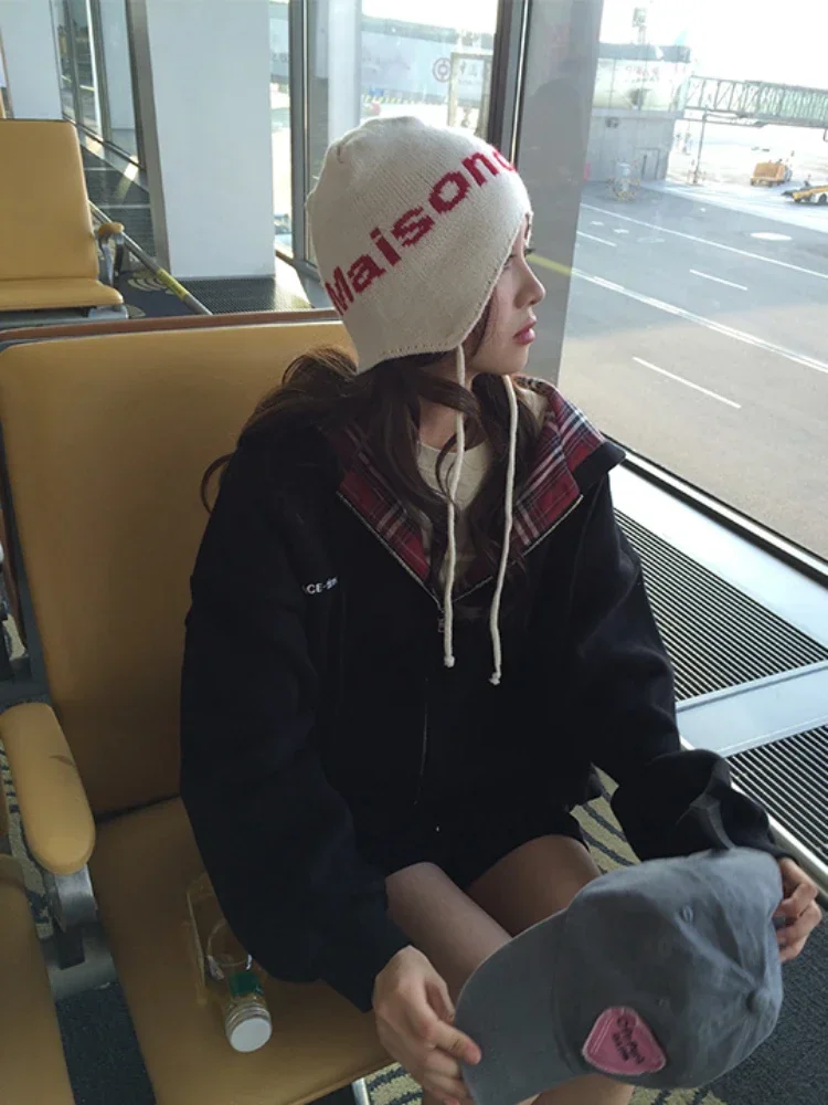 ADAgirl Vintage Plaid Patchwork Hoodies Women Gray 90s Retro