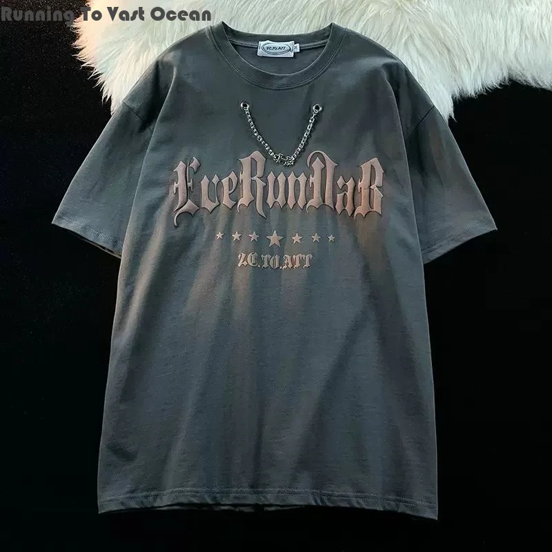 

2024 New Summer Hiphop Style Commuting Contrasting Color Foam Necklace Shortsleeved Loose Street Foaming Dance Men's T-shirt