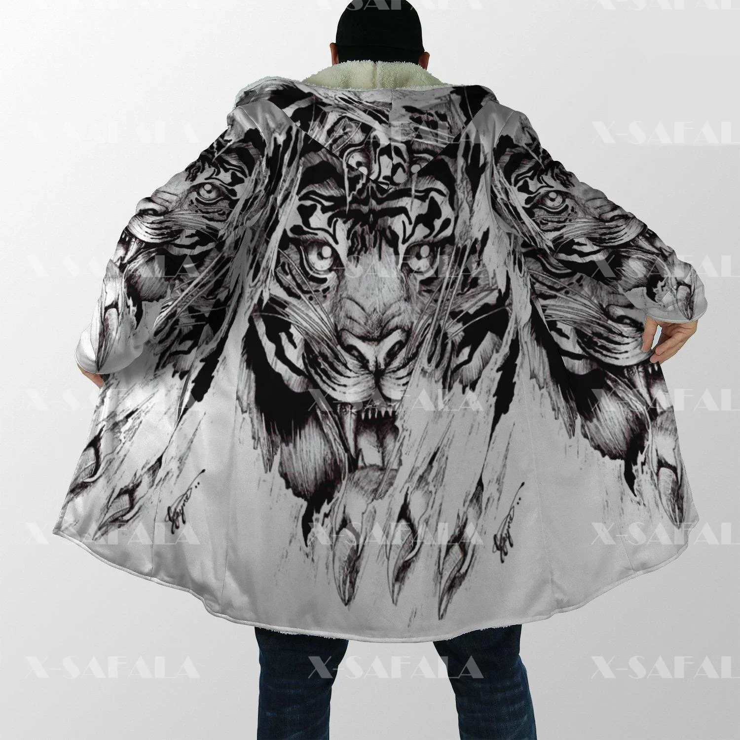 Viking Tattoo Tiger Skull Overcoat Coat 3D Printed Thick Warm Hooded Cloak for Men Windproof Fleece Unisex Casual-41