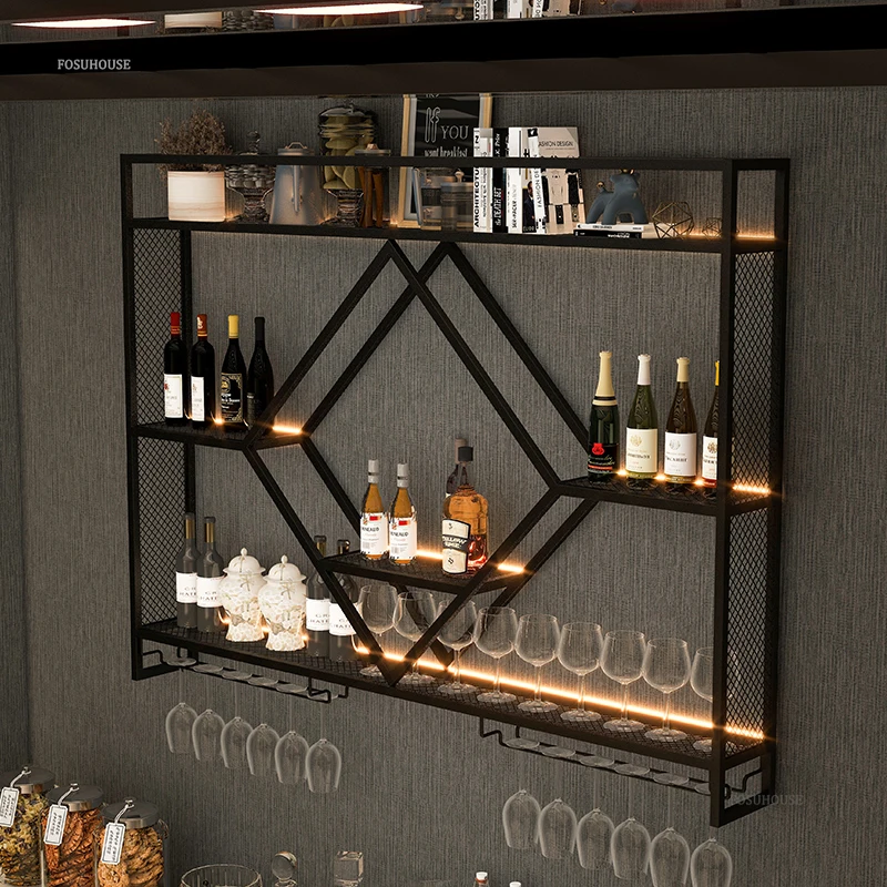 Nordic Wrought Iron Wine Rack for High-end Restaurant Wine Display Cabinet Light Luxury Wall-mounted Bar Decorative Cabinet