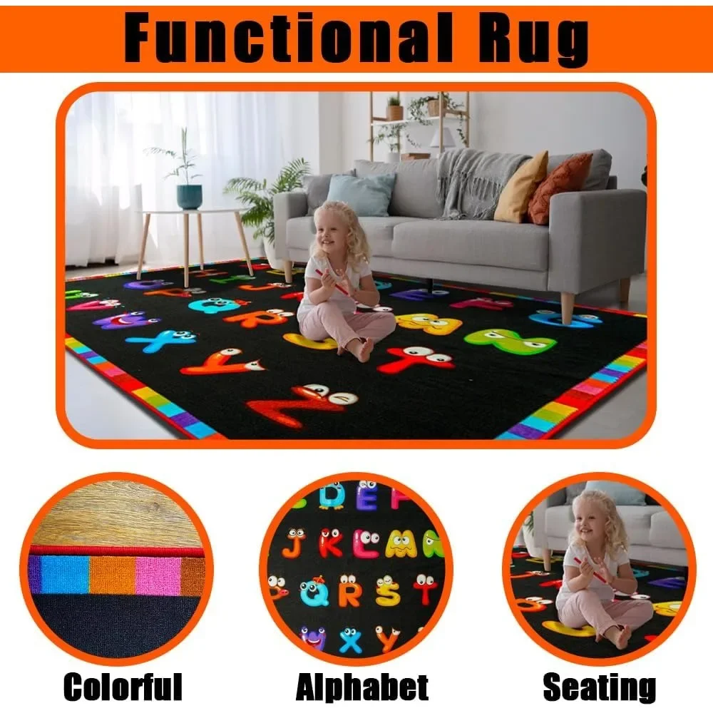 NEW-13'x7'7'' ABC Classroom Rug Black, Preschool Rugs for Classroom, Large Daycare Rugs for School, Carpets for Kids Classroom R