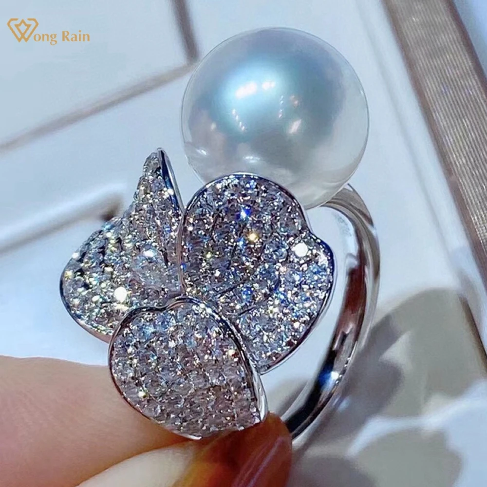 Wong Rain 925 Sterling Silver 12-13 MM Natural Pearl High Carbon Diamond Gemstone Engagement Adjustable Rings Customized Jewelry children rain boots for girls rubber soles eva rabbit boots elastic belt platform shoes rubber boots for kids boys water shoes