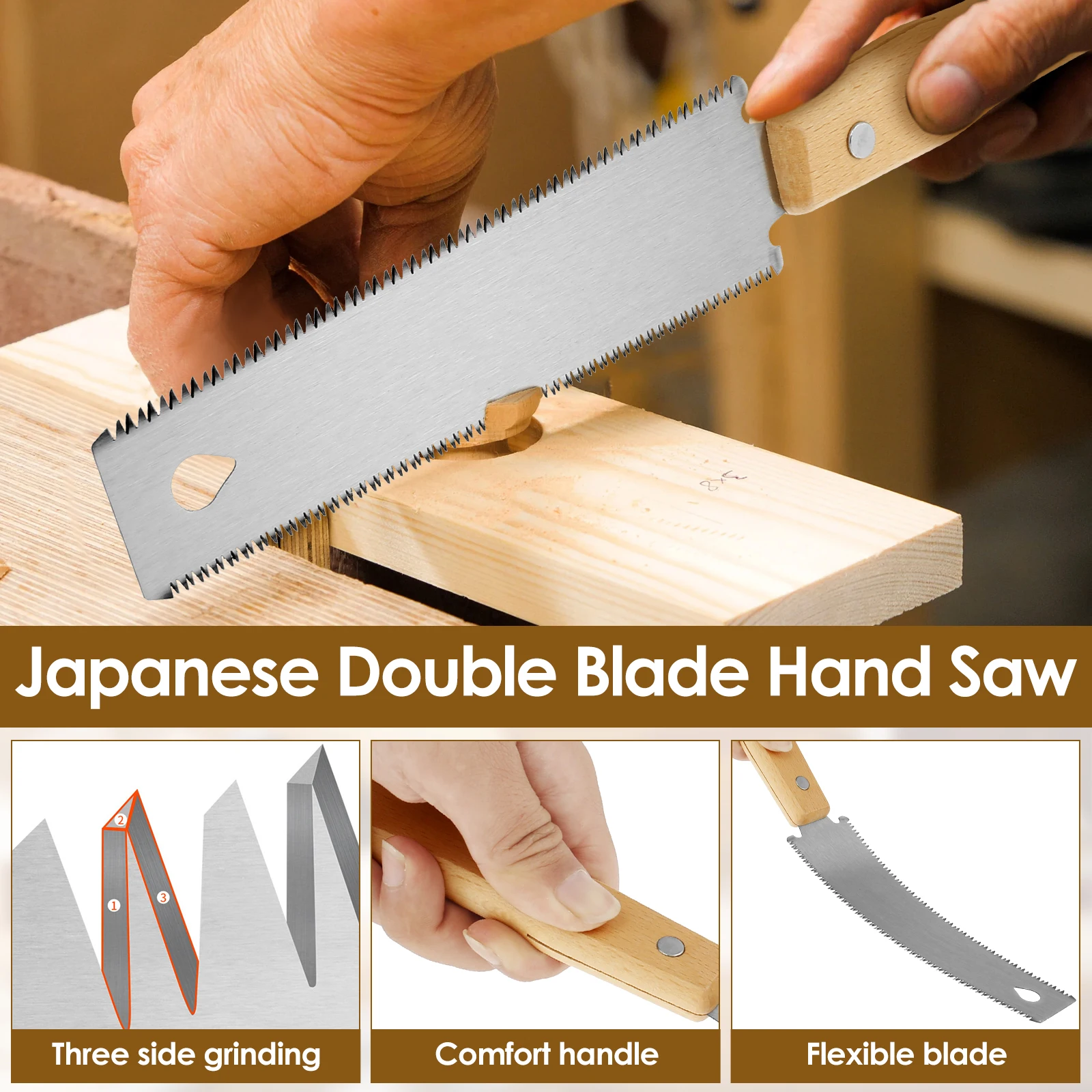 New Japanese Hand Saw 6inch SK5 High Carbon Steel Double Edged Hand Saw 14/17 TPI Woodworking Flush and Finish Cutting Wood Saw 4
