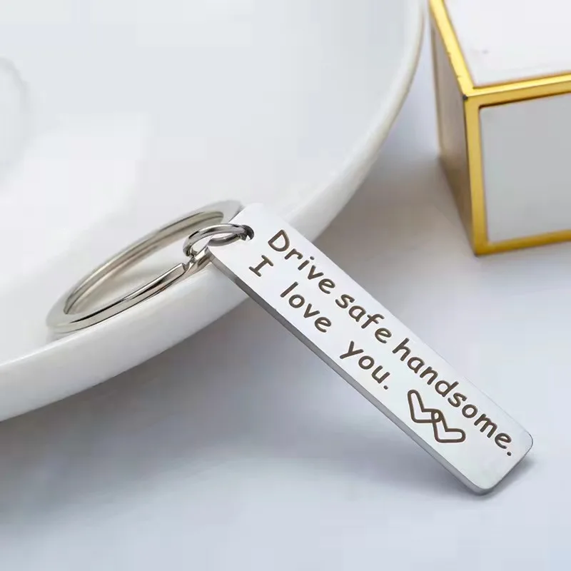 

10pcs Stainless steel keychain lettering square pendant Drive safe handsome I love you