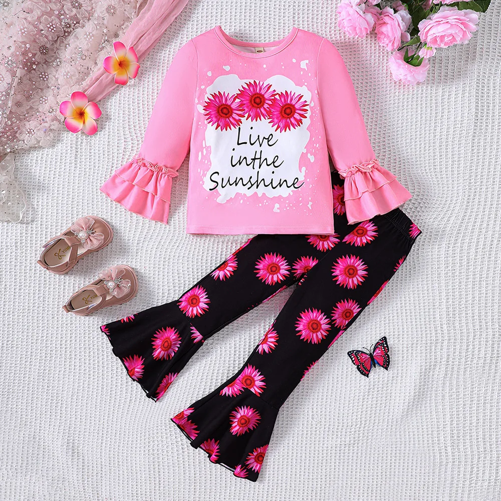 

2024 New Clothing Set Girls Long Sleeve O Neck Pirnt Floral Pink Pants 2 Pcs Sets Casual Girls Clothes Sets 18M-7T