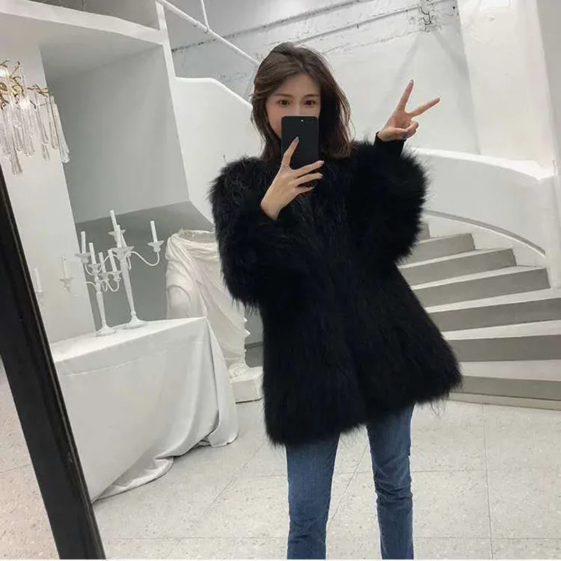 Imitation Autumn And Winter Western Style New Fox Hair Imitation Young Fur Coat Women's Slim Fit Mid Length Mesh Red Fur Coat