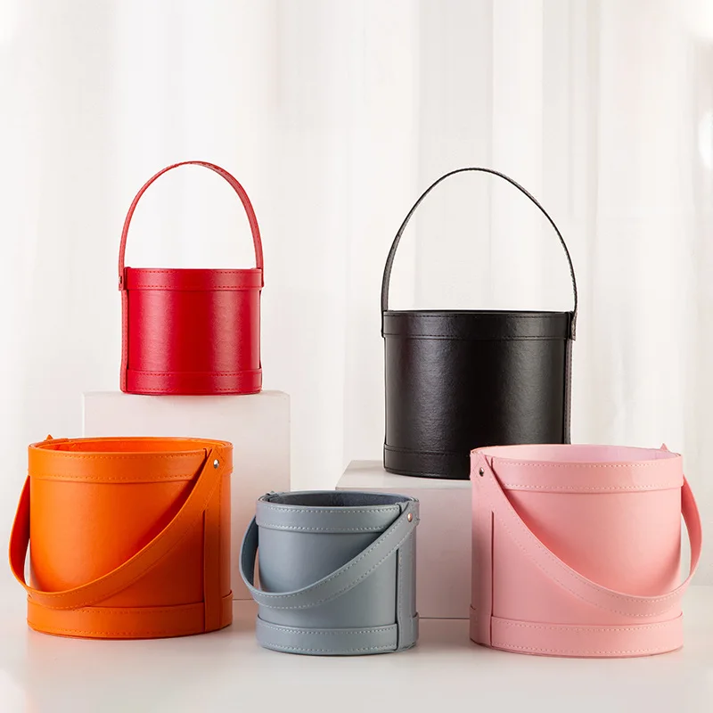 Handheld Leather Hug Bucket Flower Box Orange Round Companion Gift Box