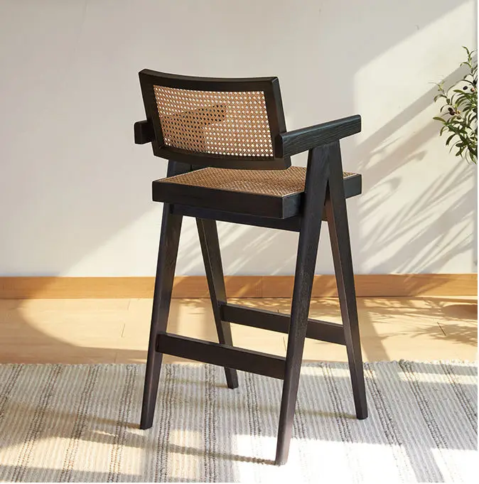 MORE DESIGN Wooden Coffee Cafe Shop White Cushion Armrest High Counter Dining Restaurant Wood Kitchen Bar Chair