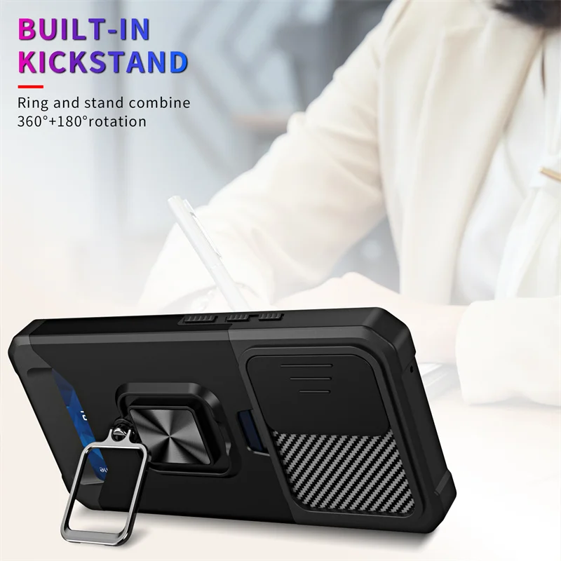 Sleek Armor Case with Slide Lens Protector and Card Holder Slot