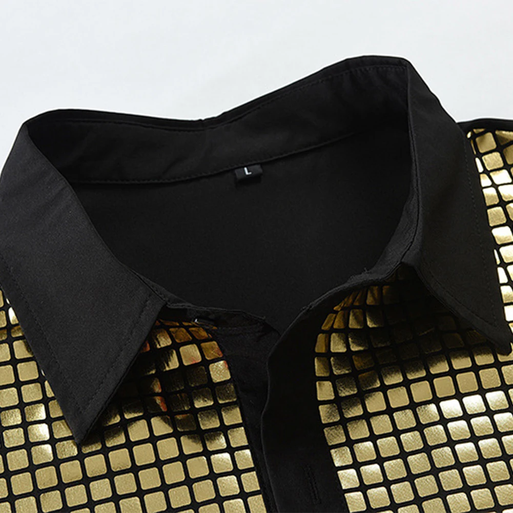 New Men's Vintage 70s Disco Costume Shirts Tops Shiny Sequins Short Sleeve Lapel Single Breasted Shirts Blouse Man Clothing