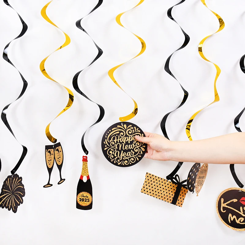 10pcs/set Happy New Year Spiral Hanging Banner Garland Hello 2025 New Year Eve Party Decoration Supplies Photo Booth Props Gift