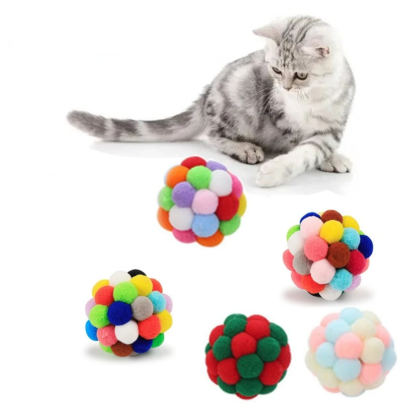 Pet Cat Toy Colorful Handmade Bouncy Ball Kitten Toys Plush Bell Ball Mouse Toy Ball Cat