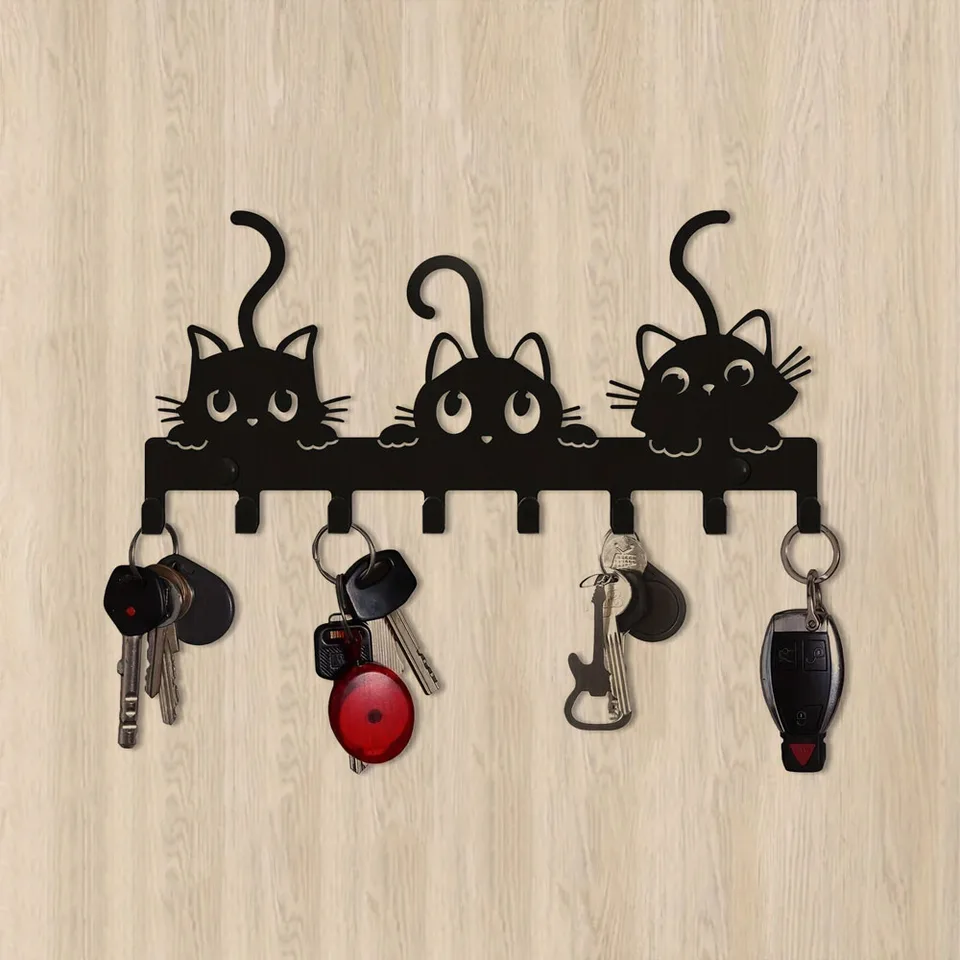 SUPERDANT Cat Line Art Metal Key Holder - Wall Mounted 10-Hook Rack For Keys, Leashes & Decor