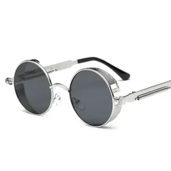 Steampunk Style Retro Round Sunglasses with Reflective Colorful Lenses (Silver Black)
