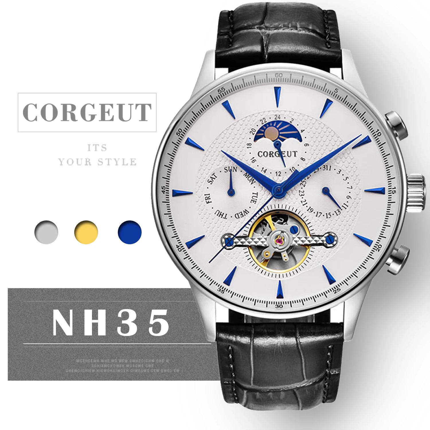 Men's Mechanical Wrist Watch Calendar Moon Tourbillon Automatic