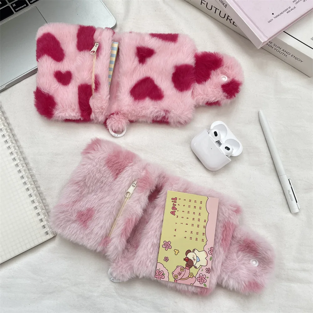 Plush Love Heart Print Coin Purse Double-fold Bank ID Card Holder for Girls Mini Wallet Portable Earphone Storage Bag Women Gift