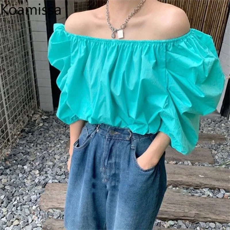 

Koamissa Fashion Solid Women Blouse Slash Neck Lantern Sleeve Loose Shirts Korean Off-shoulder Blusas Sexy Lady Out Wear Tops