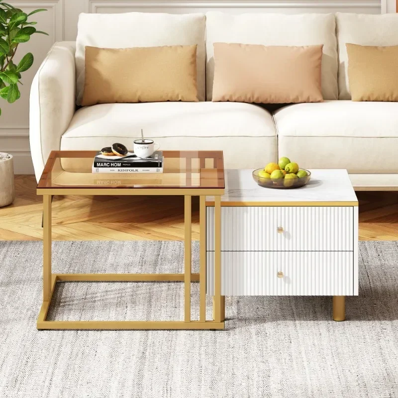 Eleganter 2-teiliger Couchtisch, quadratischer Tisch in braunem Glas und Marmoroptik, 59,5x60x45,6cm +50x50x40cm, 2 Schubladen,