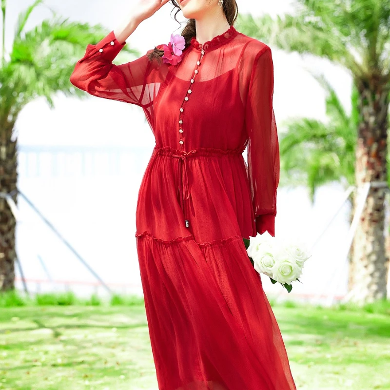 

Elegant Dresses for Women 2023 100% Real Silk Dress Woman Clothes Spring Summer Stand Loose Wasit Mulberry Silk Dress Vestidos