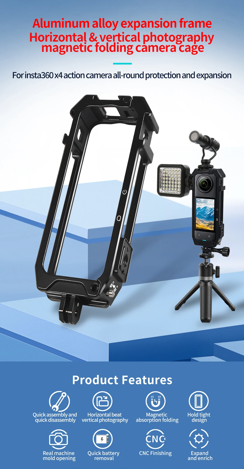 Description Picture 2 of itemX4 Protective Frame Case Quick Mount Cage 1/4 Hole Folding Tripod Adapter Cold Shoe Aluminum Alloy for Insta360 X4 Action Camera