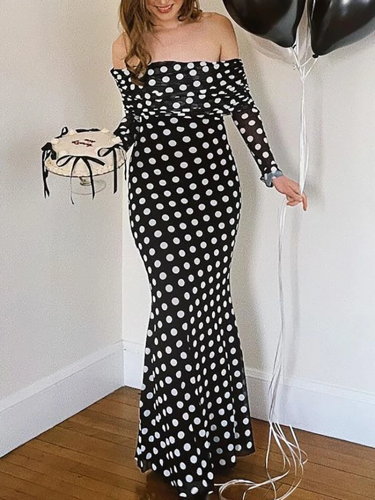 

JULISSA MO Sexy Strapless Print Dots Women Maxi Dress Black Off Shoulder Evening Dress Summer Skinny Elegant Party Clubwear 2024
