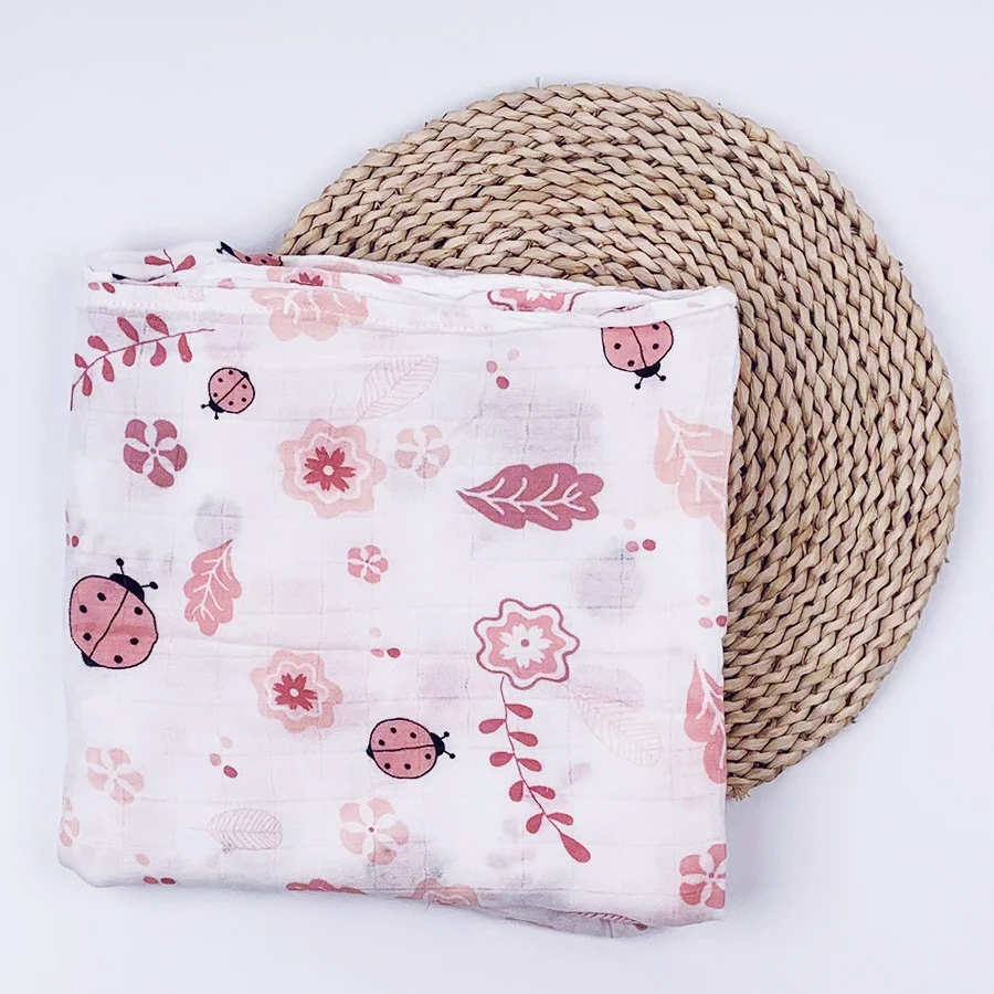 아기 모슬린 배넷저고리 랩 대나무 코튼 담요, 귀여운 소프트 프린트 아기 목욕 수건, 2 층 거즈 유아 유모차 커버, 120x110cm