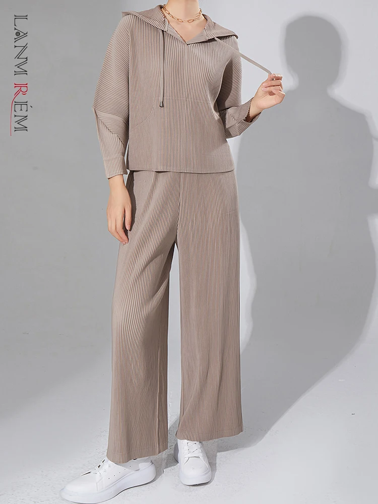 

LANMREM Casual Pleated Solid Color Set Women Hooded Long Sleeves Tops High Waist Straight Pants Fashion 2023 Autumn New 2AA2742