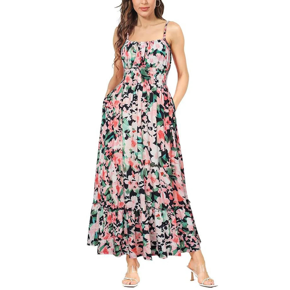 thumbnail image 1 of Vestido largo de verano con estampado floral, tirantes finos, corpiño fruncido, cintura fruncida, elegante vestido bohemio de playa para mujer, 1 of 5