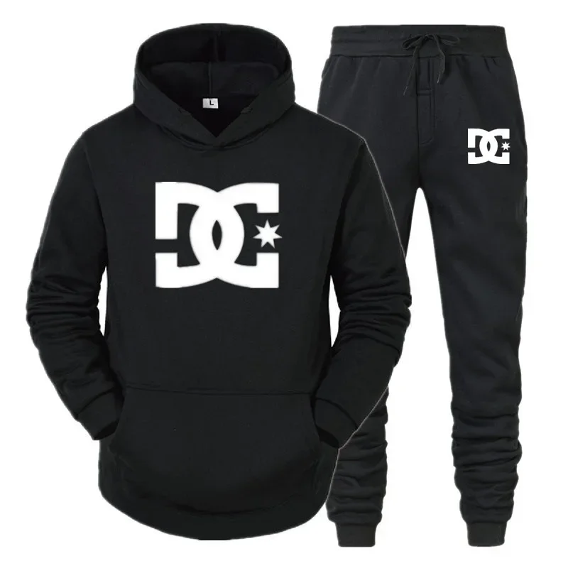 DC printed men's new autumn/winter sweater stand up collar hooded sweater jacket and casual pants two-piece set
