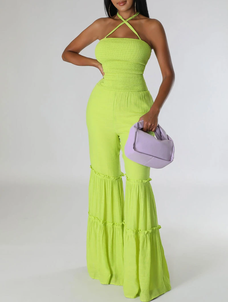 

Summer Sexy Spaghetti Strap Patchwork Speaker Jumpsuit Sleeveless Backless Patchwork Ruched Women Street Fashion Jumpsuit