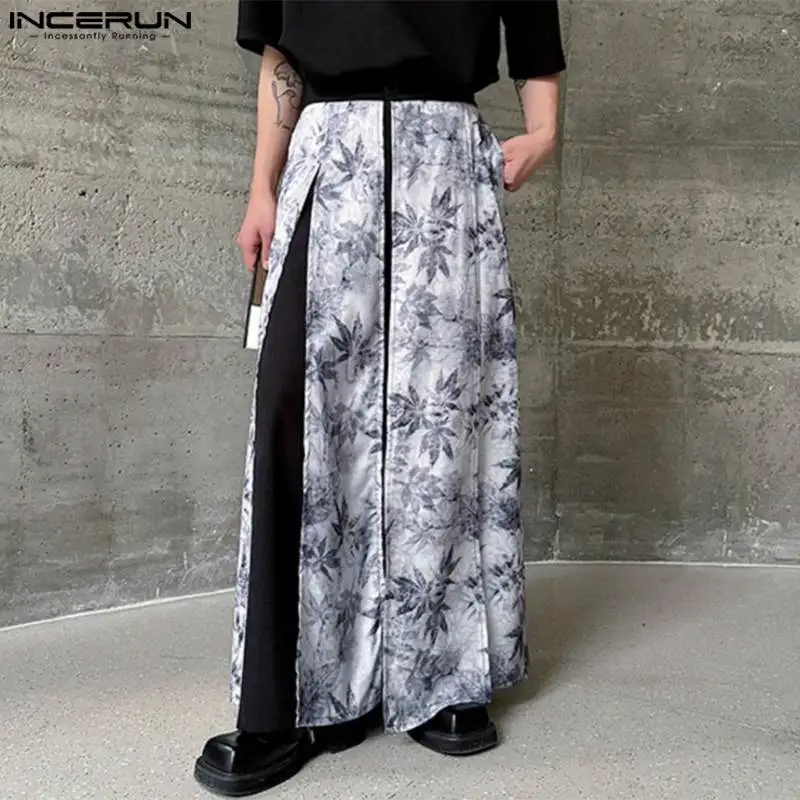INCERUN 남성용 와이드 레그 팬츠, 프린트 패치워크 단추, 느슨한 불규칙 바지, 스트리트웨어 조거 패션, 캐주얼 바지, 2024