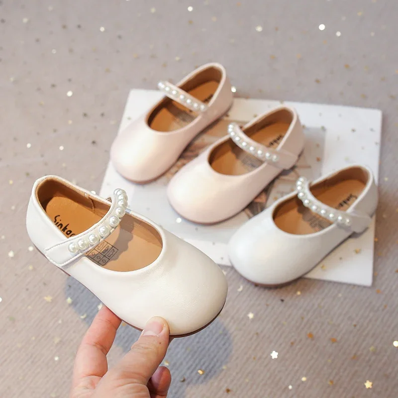 White Leather Kids Mary Janes Shoes for Girls with Beading