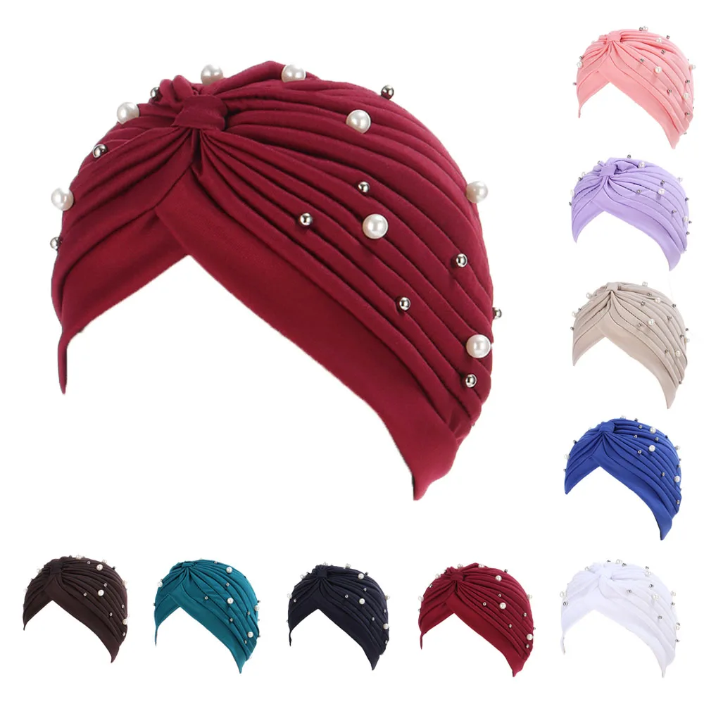 

New Fashion Solid Color Pearl Muslim Turban Scarf Women Islamic Inner Hijab Caps Arab Wrap Head Femme Musulman Turbante Mujer