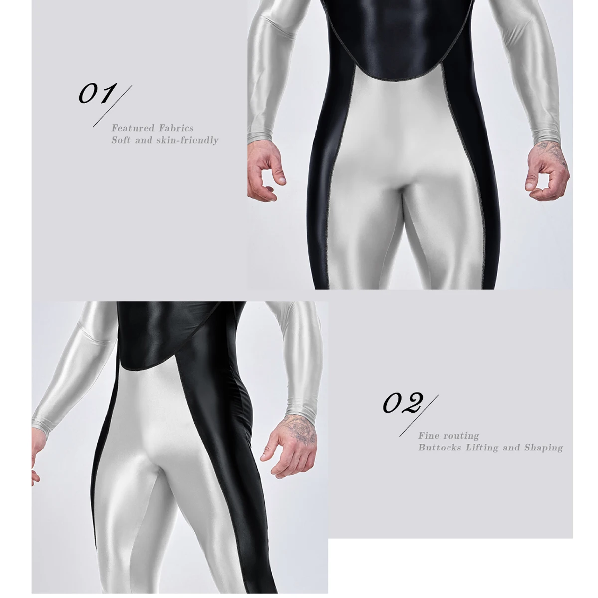 AMORESY Draco Men Oily Glossy Elastic Patchwork Jumpsuit Tracksuit Bodysuit Wrestling Sport Gym Fitness Tight Overalls Sweatsuit