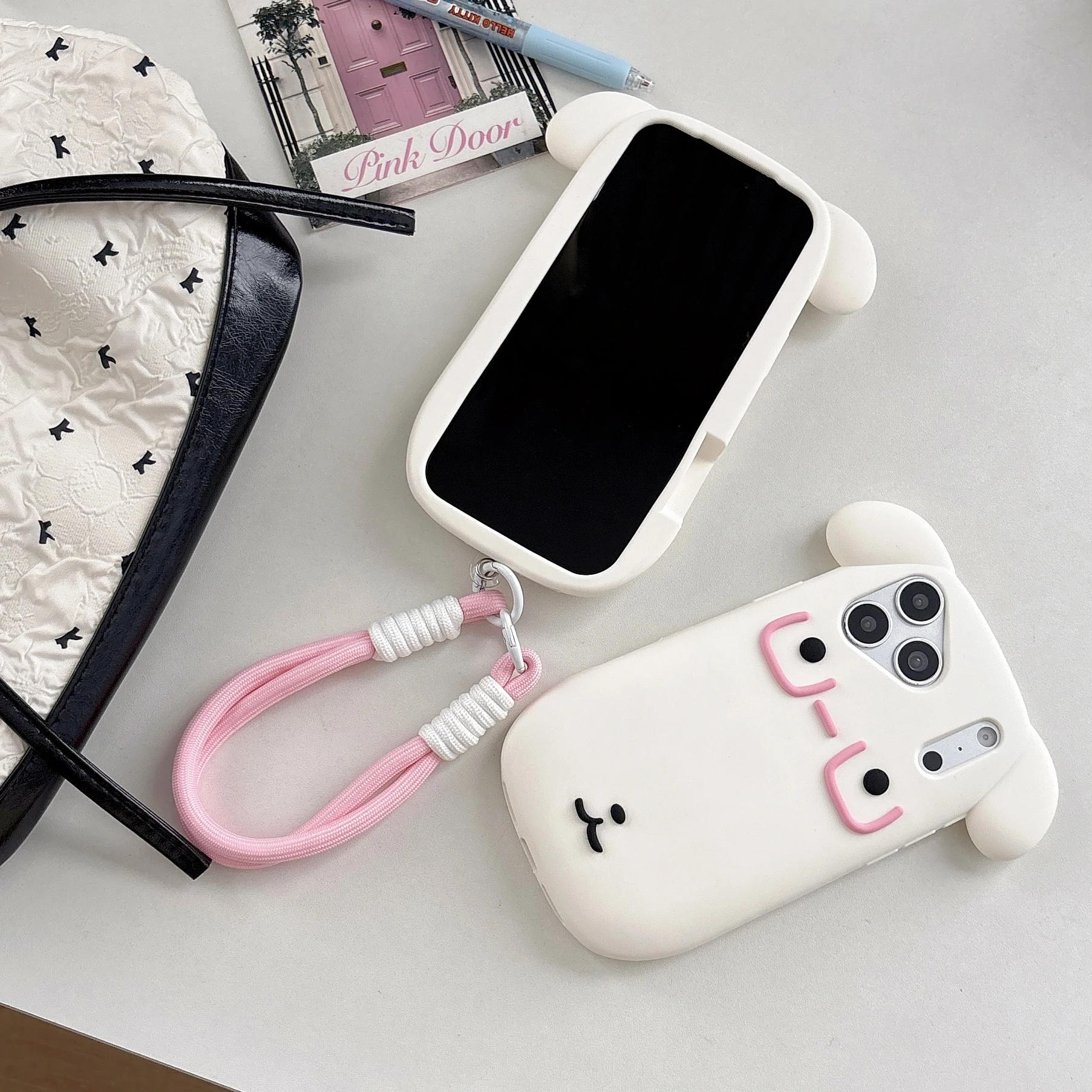 Charming 3D Dog Ear Phone Case with Adorable Pink Glasses - Cartoon Silicone Cover, Soft Shockproof