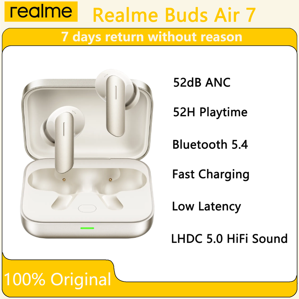 Original OPPO Realme Buds Air 7 AI 52dB ANC Bluetooth 5.4 Earbuds, 42H Battery, LHDC 5.0 HiFi Audio, 12.4mm Bass, Fast Charging.