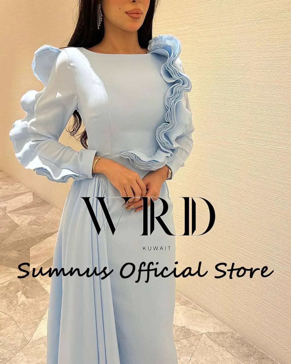 Sumnus Sky Blue Mermaid Evening Dresses Long Sleeve Ruffles Satin Saudi Arabic Prom Party Dress with Skirt Dubai Formal Gowns