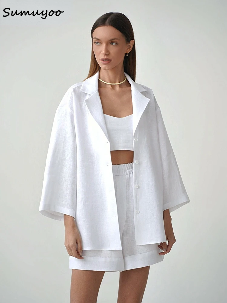 

Sumuyoo Summer White Cotton Linen Shorts Suits Women 2022 Long Sleeve Casual Top Sets Wide Leg Shorts Sets 2 Pieces Outfits