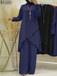 ZANZEA Fashion Muslim Women Long Sleeve Blouse Abaya Suits Sequins Islamic Clothing Loose Matching Sets 2PCS Urban Tracksuit