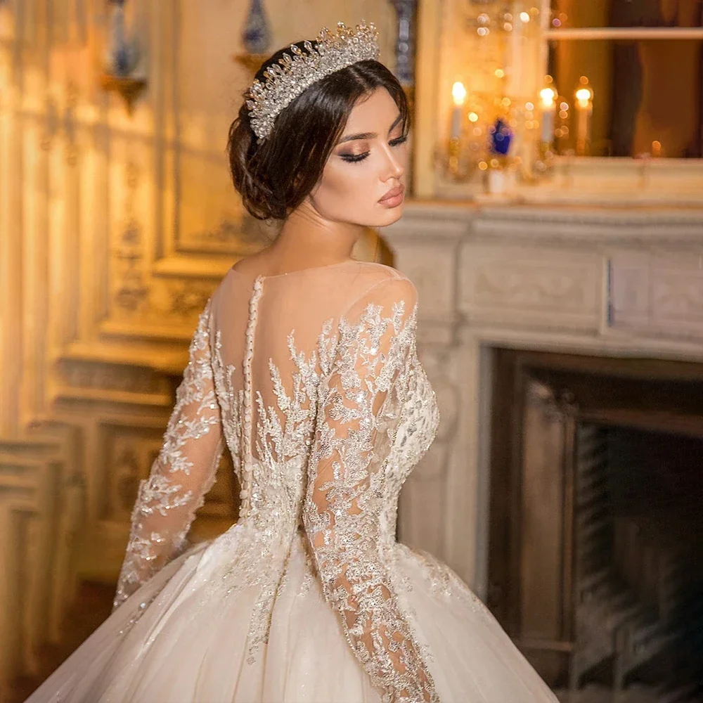 Customized Exquisite Wedding Dress Sheer Scoop Neck Lace Beaded Applique Illusion Long Sleeve Bride Dresses  Vestidos De Noiva 3